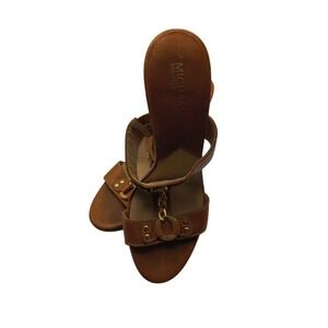 Michael Kors Heel Sandals Women 9M Tan Leather Gold Chain Link Open Toe Dressy